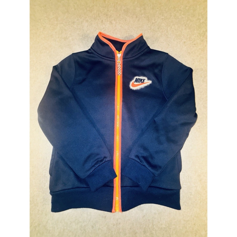 Nike Track Jacket Boys Size 7 Navy Blue Orange Full Zip Big Logo Back